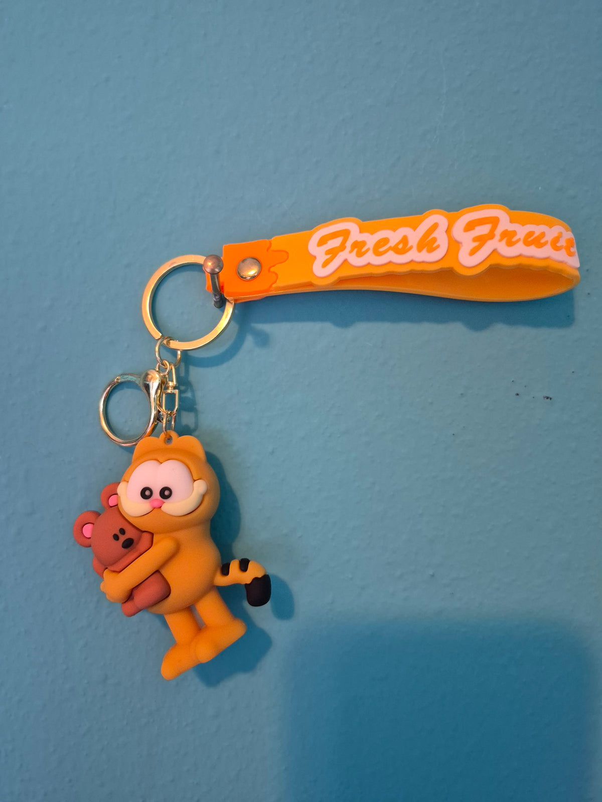 Garfield Hugging Teddy Keychain – Cartoon Character Keychain with Wrist Strap