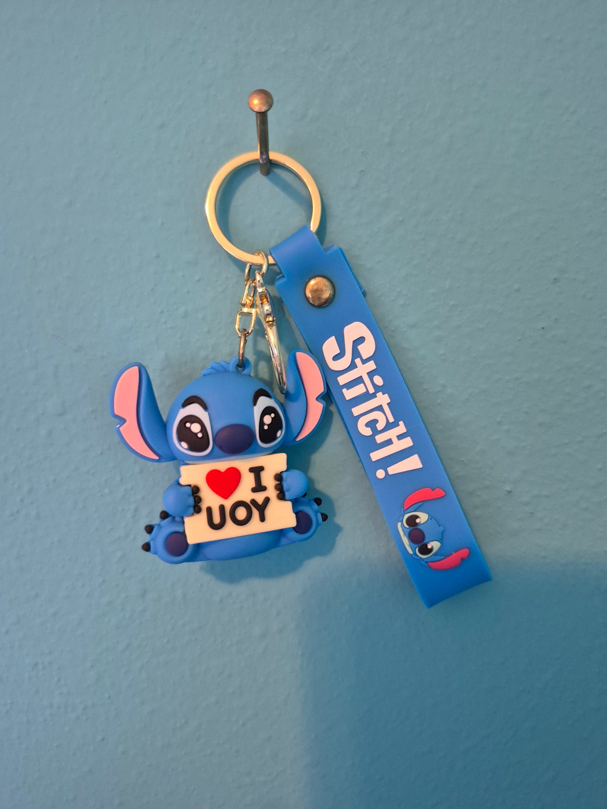 Stitch I Love You Sign Keychain – Disney Lilo & Stitch Character Keychain with Wrist Strap