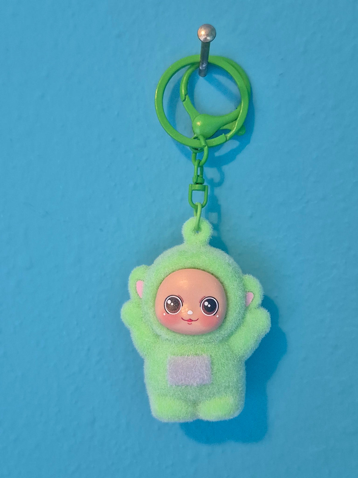 Green Flocked Baby Keychain – Fuzzy Baby Character Keychain with Clip Ring - photo 1