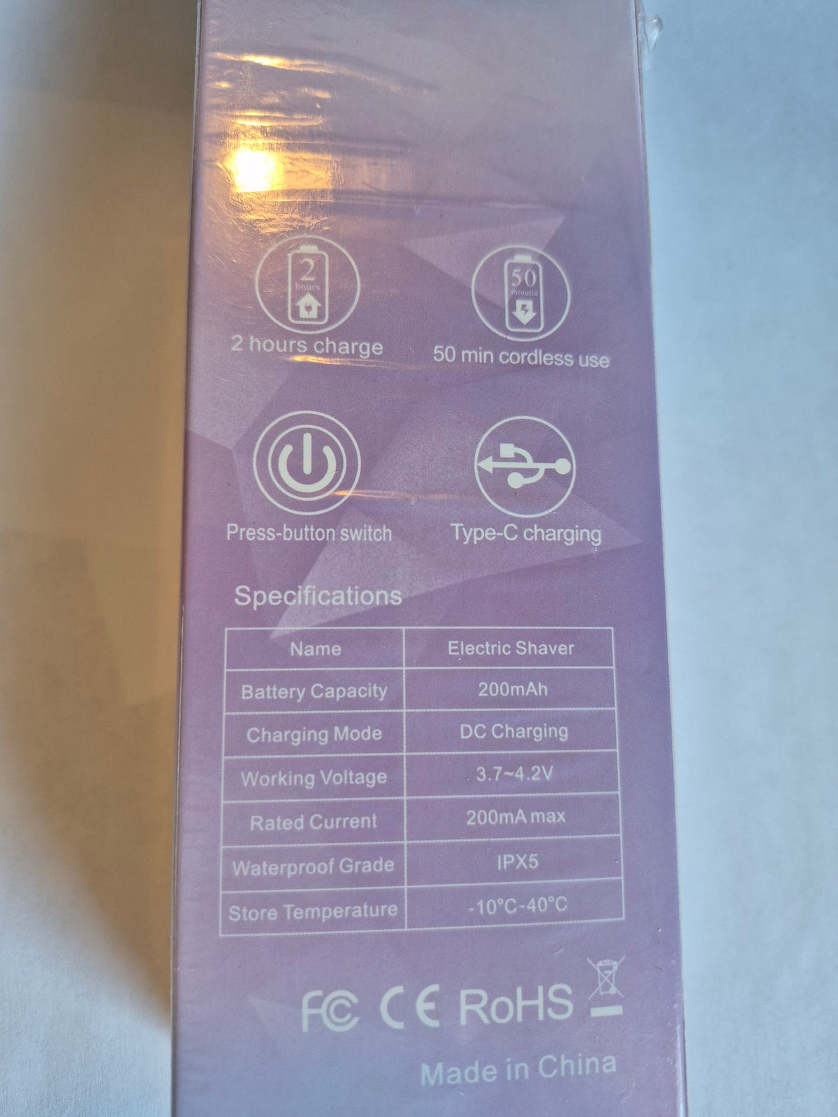 Electric Shaver JN-801 box back with specs