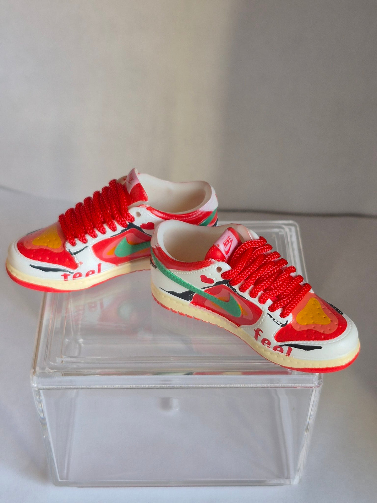 Red White and Green Art Mini Sneakers – Collectible Pair with Display Case