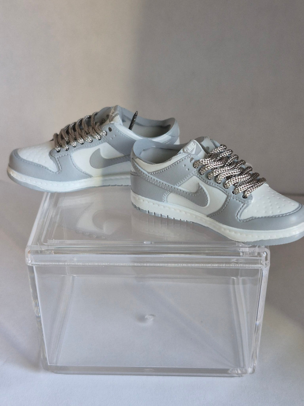 Gray and White Mini Sneakers – Collectible Pair with Display Case