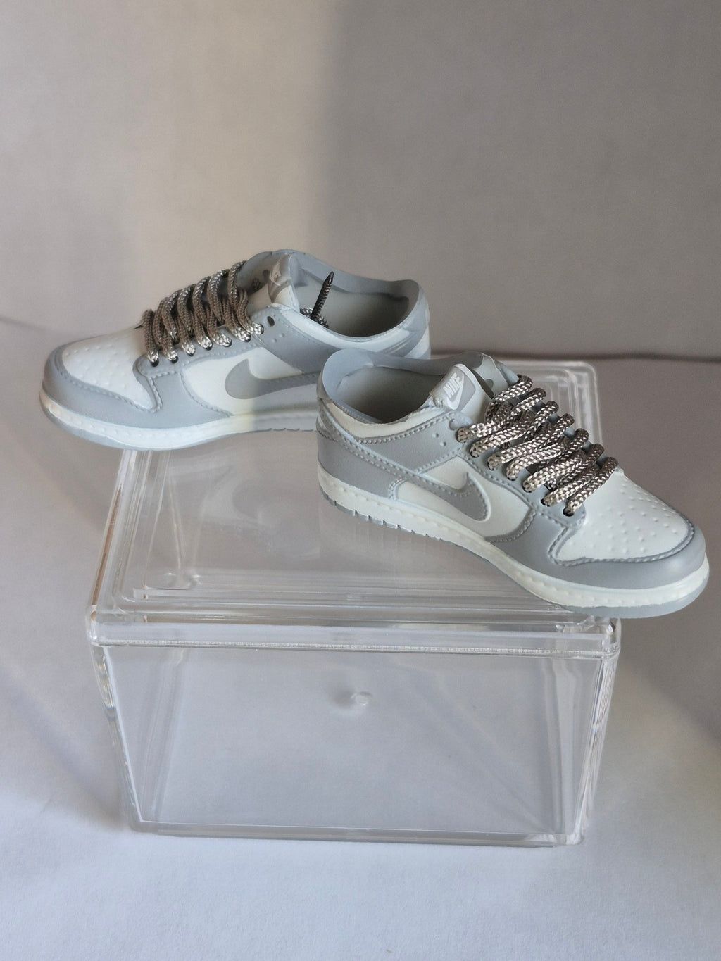 Gray and White Mini Sneakers – Collectible Pair with Display Case