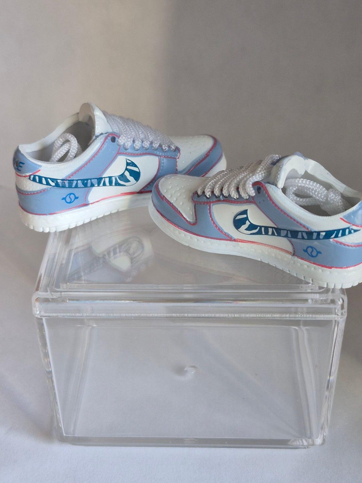 Light Blue and White Mini Sneakers - Collectible Pair with Display Case