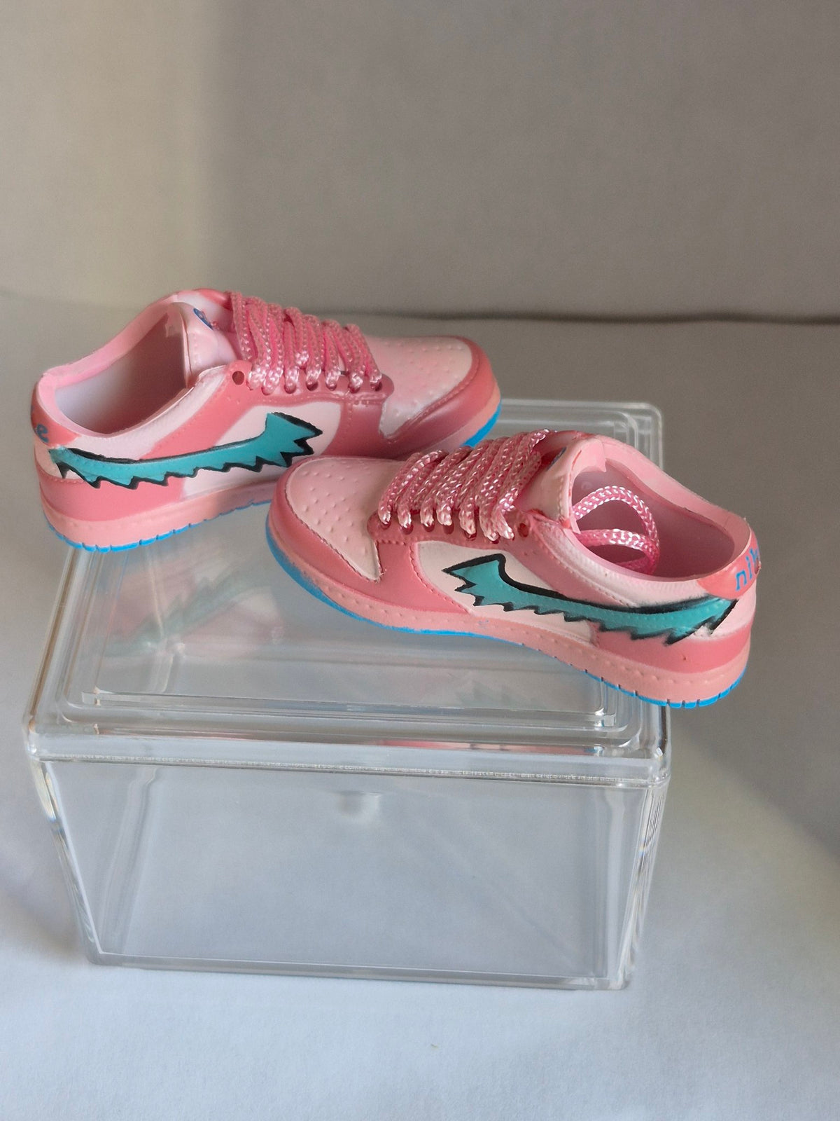 Pink Mini Sneakers with Teal Swoosh – Collectible Pair with Display Case