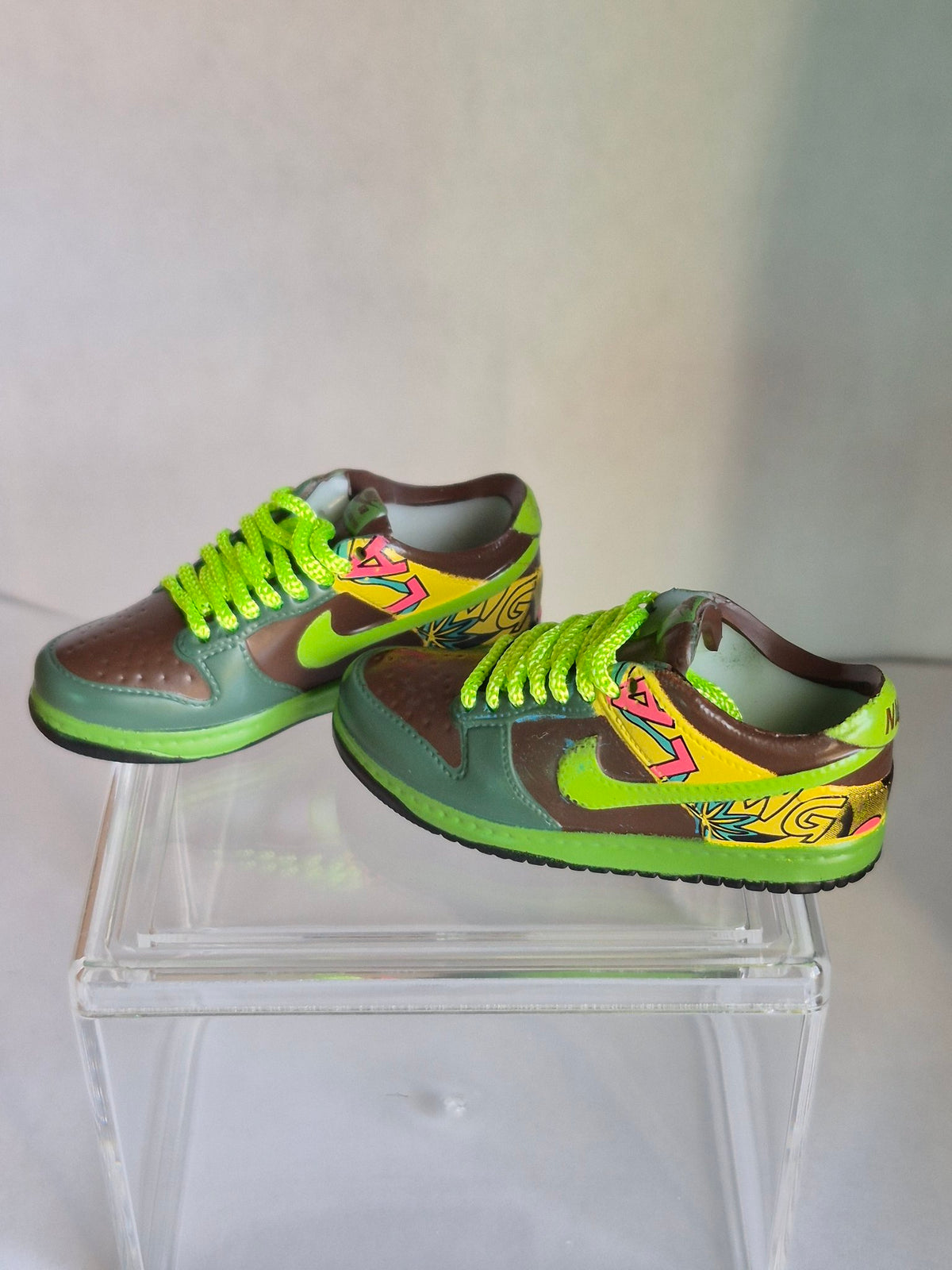 Brown and Green Tropical Mini Sneakers – Collectible Pair with Display Case