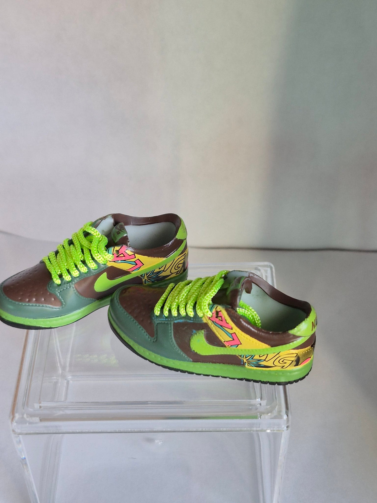 Brown and Green Tropical Mini Sneakers – Collectible Pair with Display Case