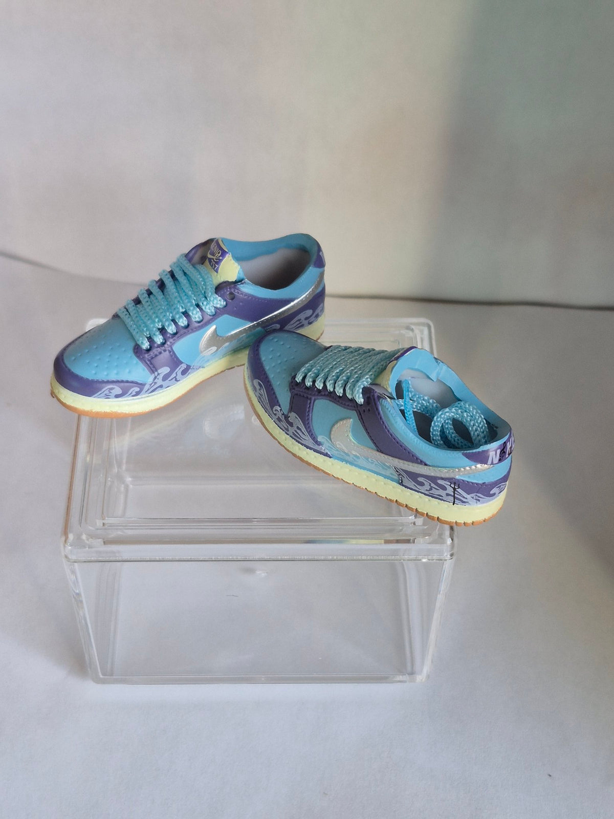 Light Blue and Purple Wave Mini Sneakers – Collectible Pair with Display Case