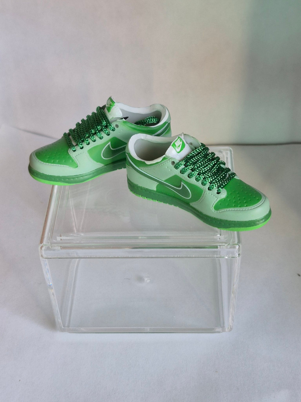 Green Two-Tone Mini Sneakers – Collectible Pair with Display Case