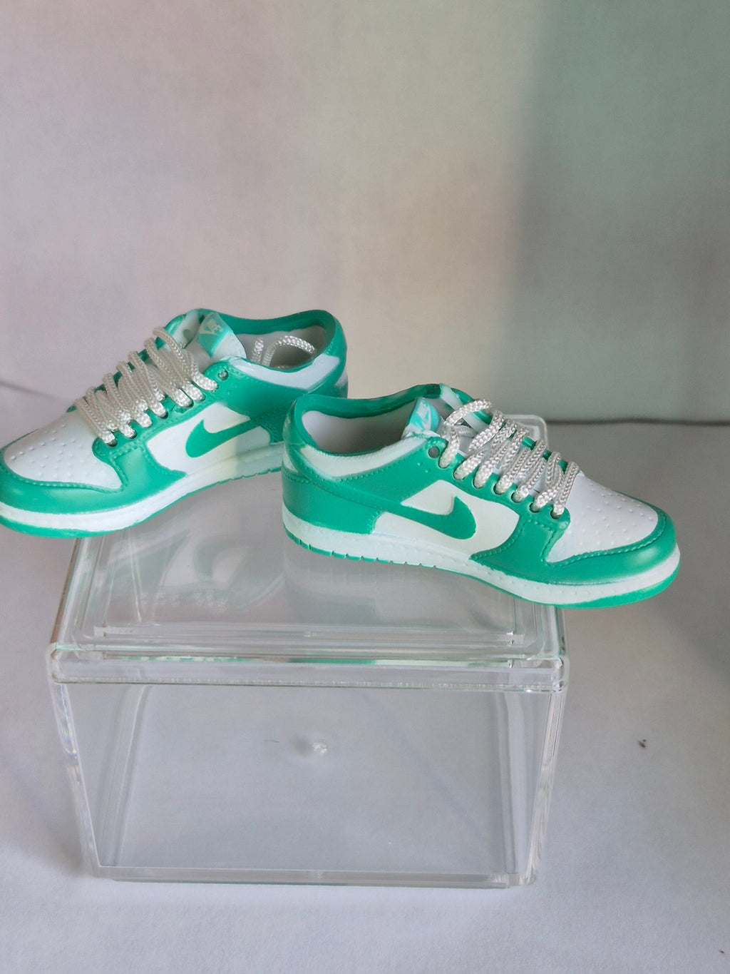Mint Green and White Mini Sneakers – Collectible Pair with Display Case