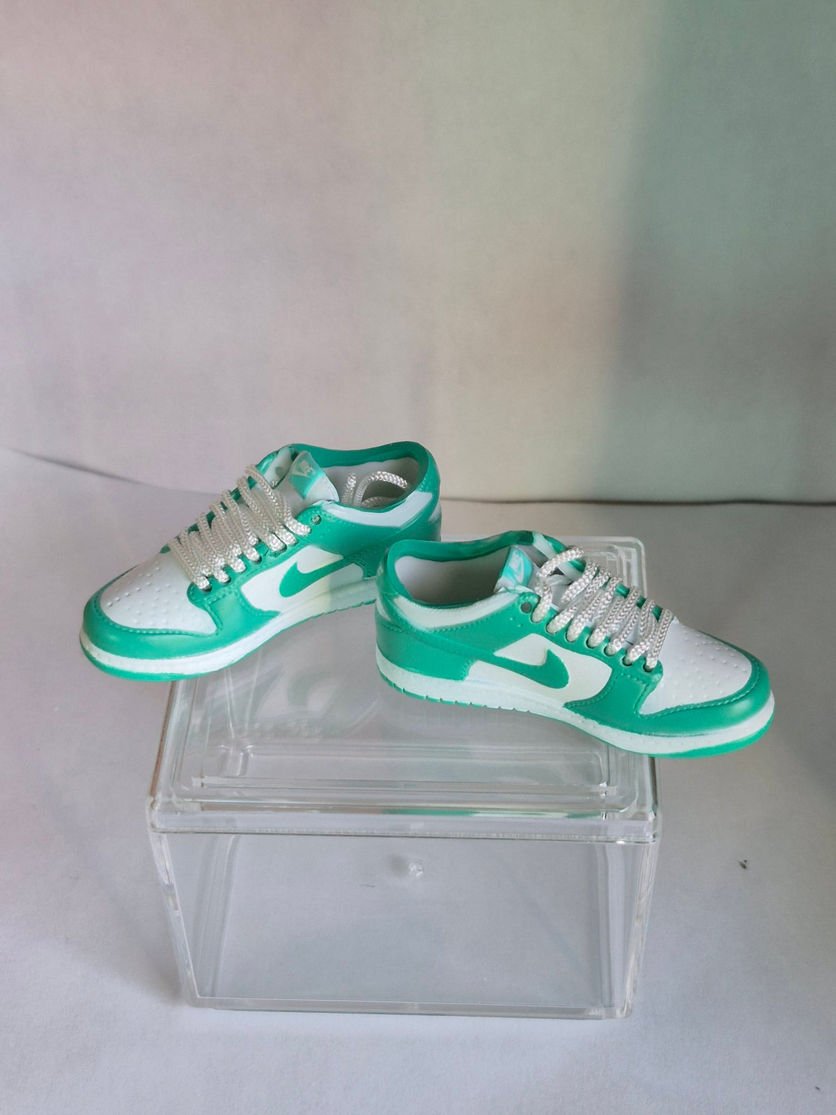 Mint Green and White Mini Sneakers – Collectible Pair with Display Case