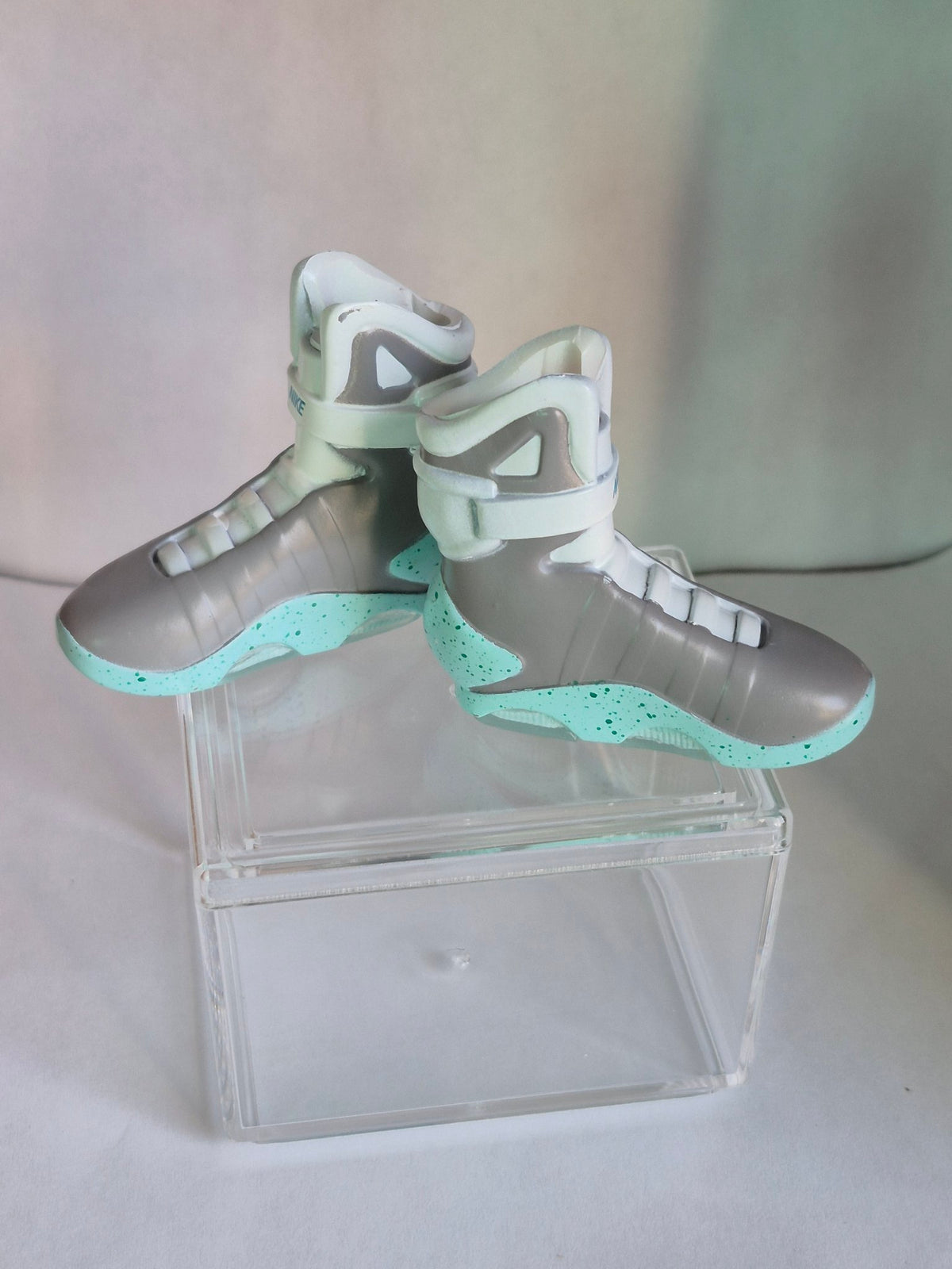 Silver and Mint High-Top Mini Sneakers – Collectible Pair with Display Case