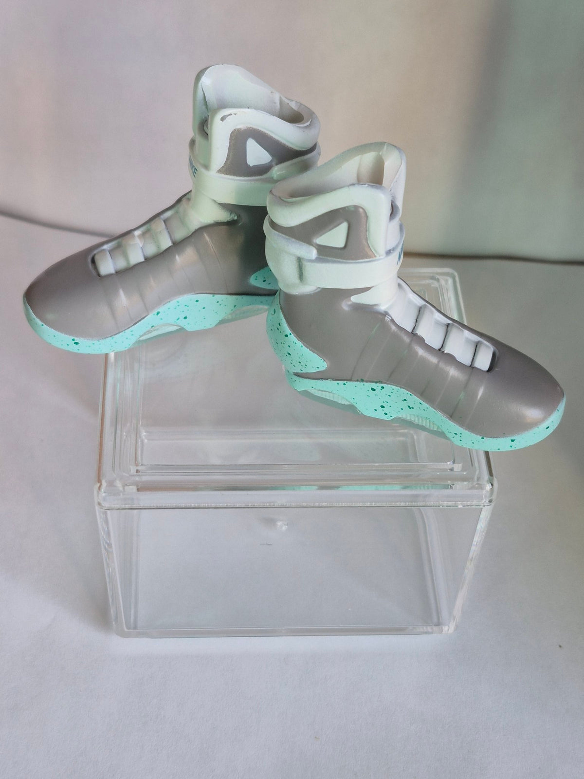 Silver and Mint High-Top Mini Sneakers – Collectible Pair with Display Case