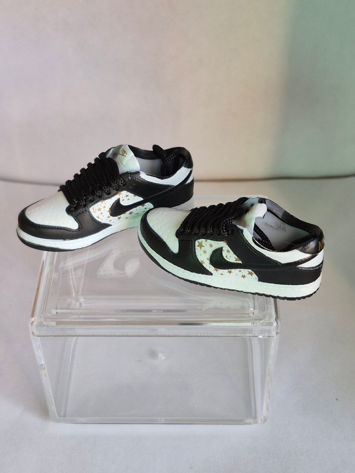 Black and White Gold Star Mini Sneakers – Collectible Pair with Display Case