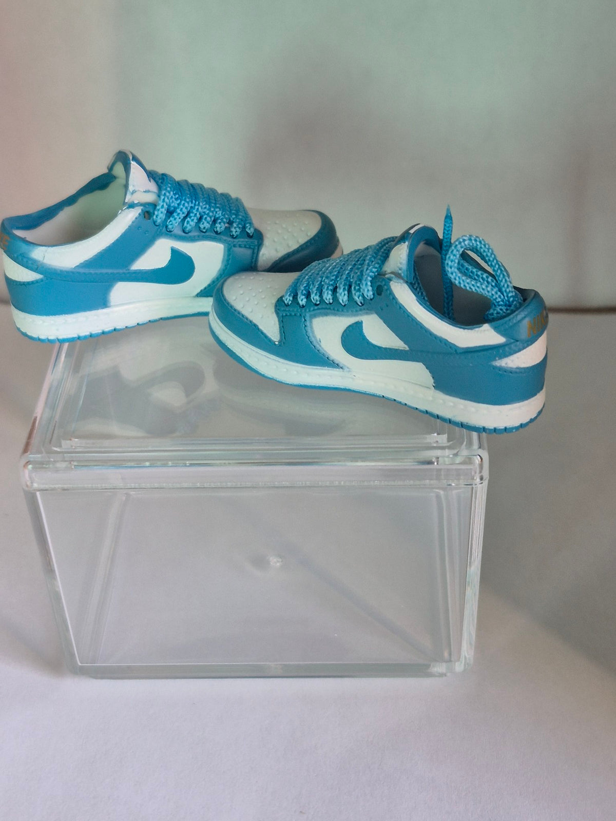 Sky Blue and White Mini Sneakers – Collectible Pair with Display Case