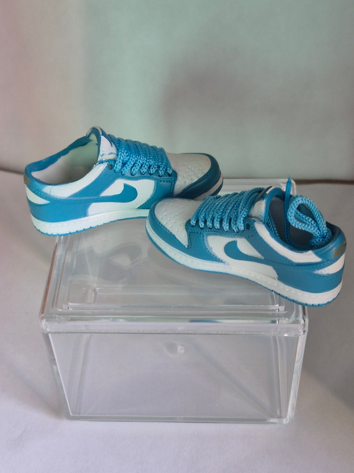 Sky Blue and White Mini Sneakers – Collectible Pair with Display Case