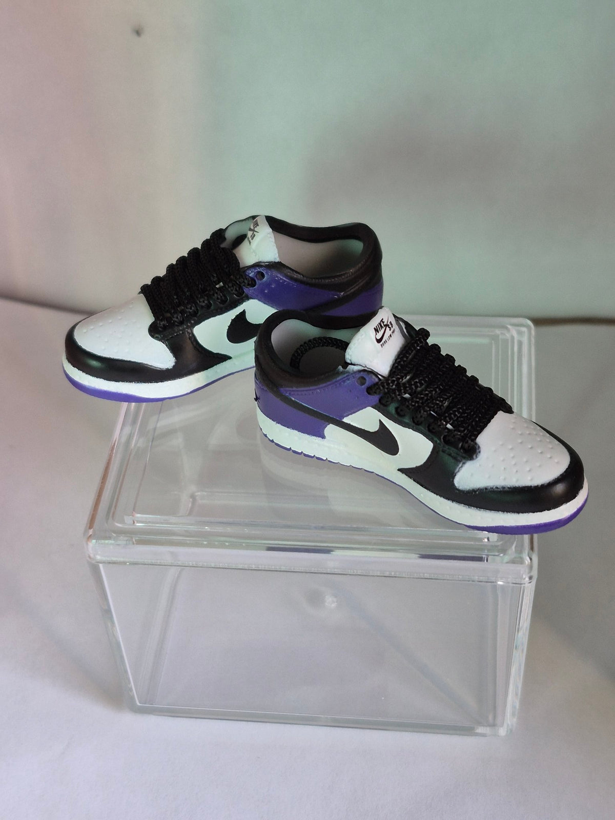 Black White and Purple Mini Sneakers – Collectible Pair with Display Case