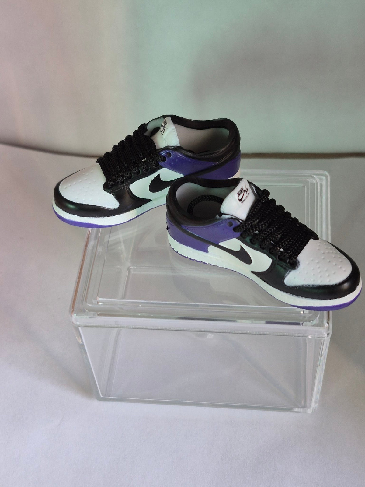 Black White and Purple Mini Sneakers – Collectible Pair with Display Case