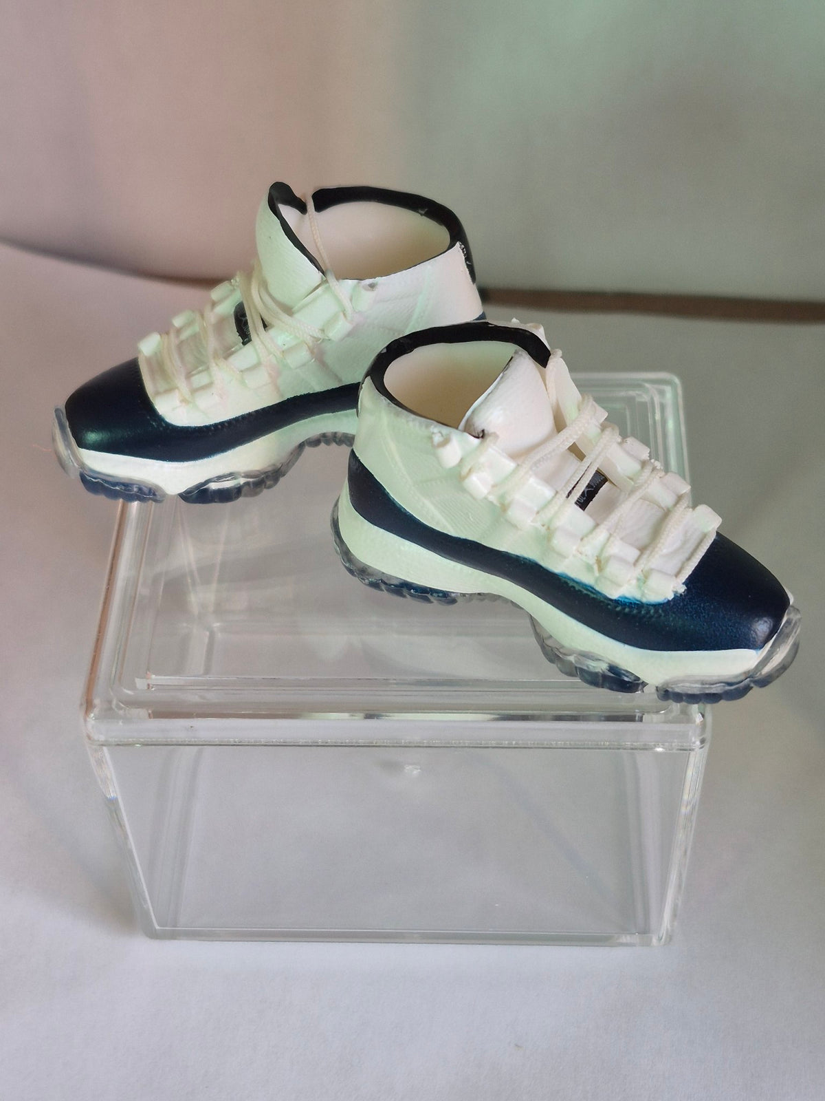 White and Navy High-Top Mini Sneakers – Collectible Pair with Display Case