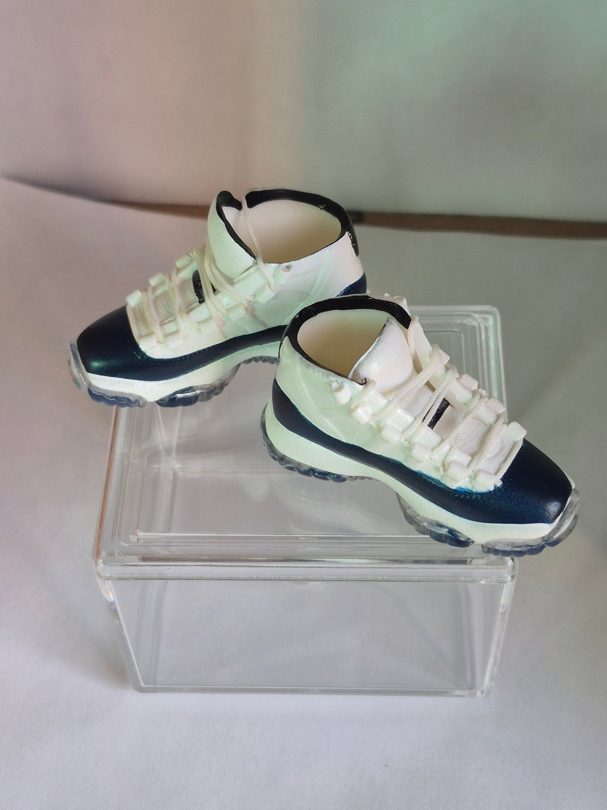 White and Navy High-Top Mini Sneakers – Collectible Pair with Display Case