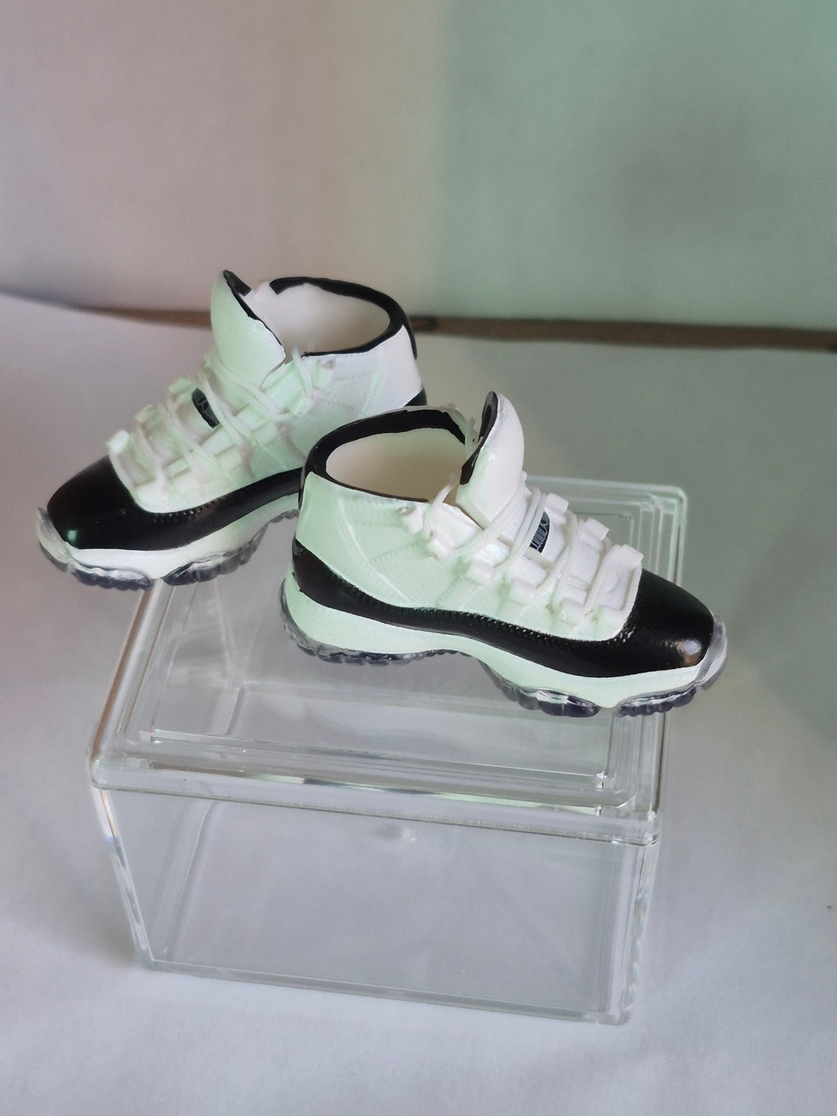 White and Black High-Top Mini Sneakers – Collectible Pair with Display Case