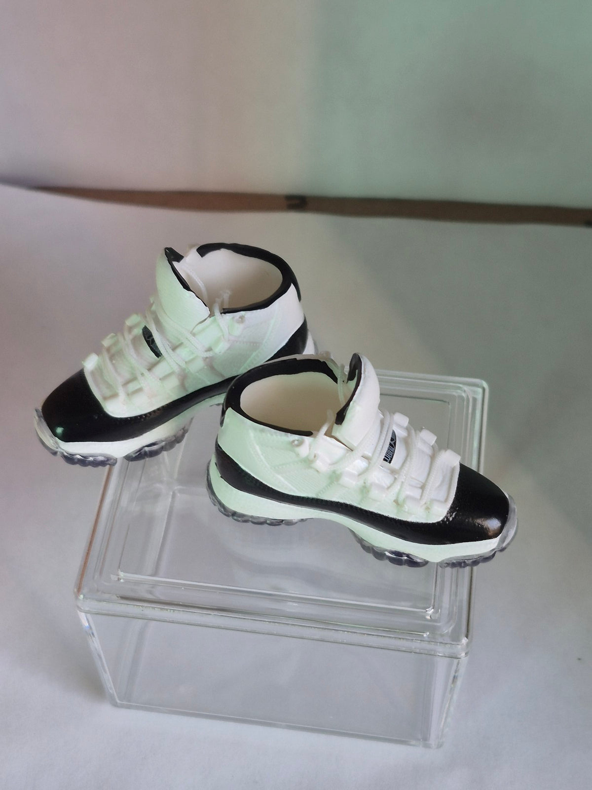 White and Black High-Top Mini Sneakers – Collectible Pair with Display Case