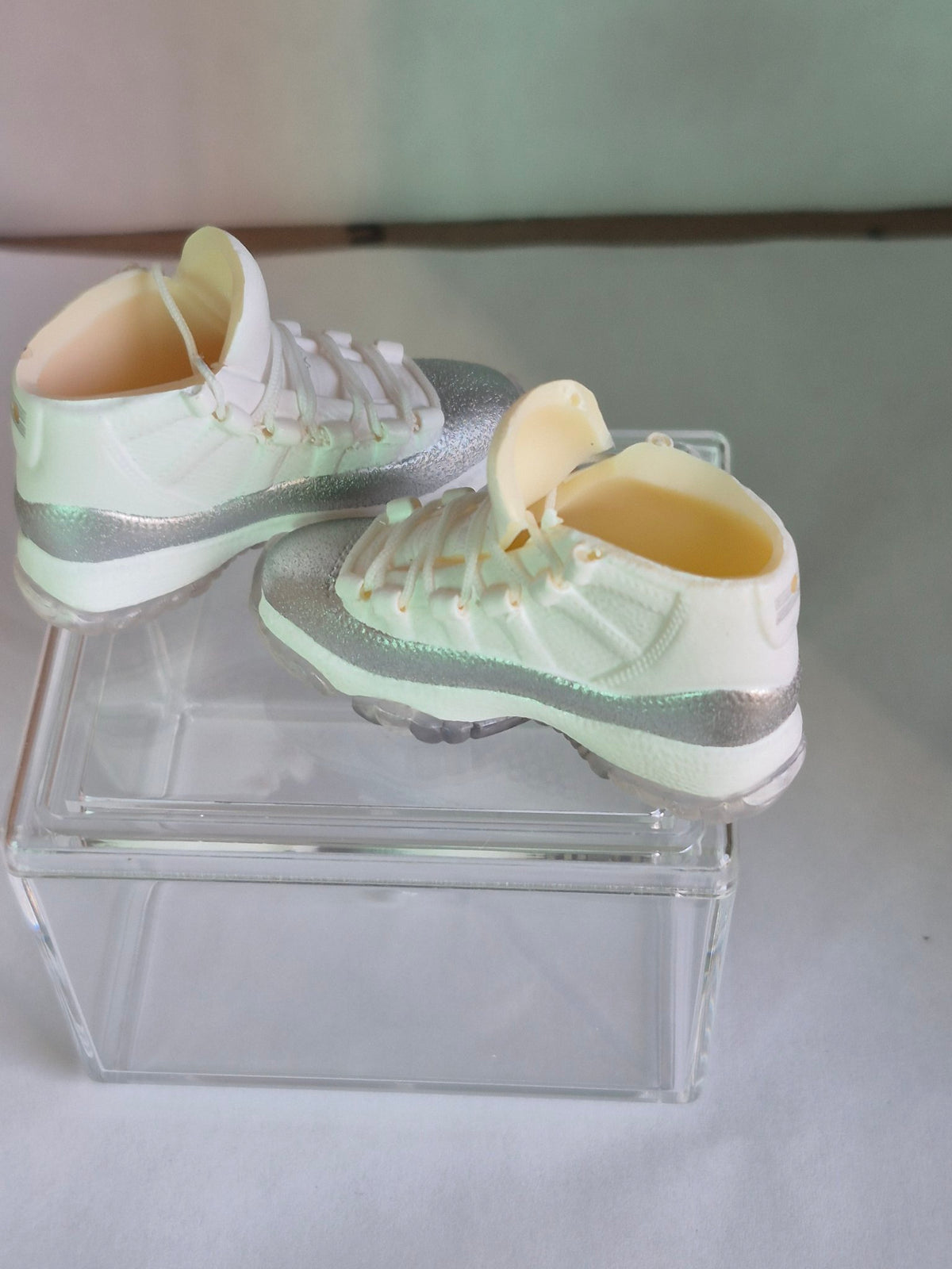 White and Silver Glitter High-Top Mini Sneakers – Collectible Pair with Display Case
