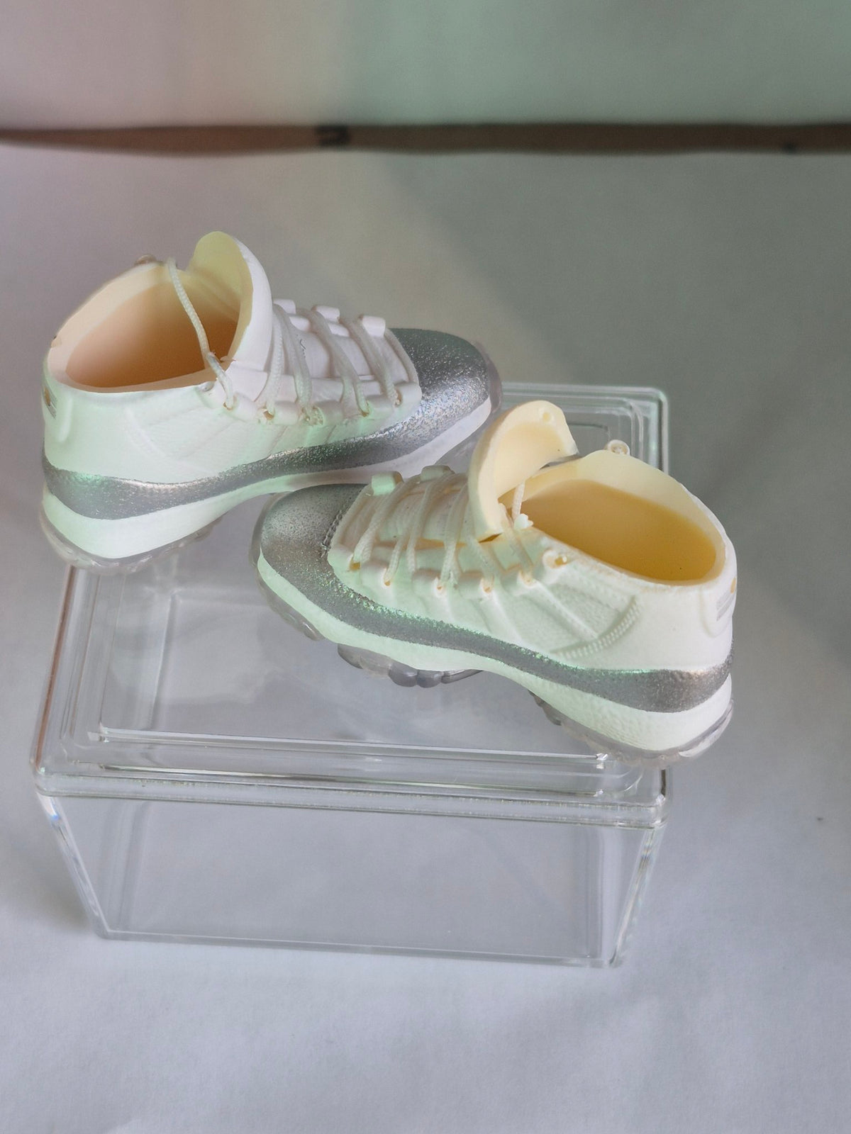White and Silver Glitter High-Top Mini Sneakers – Collectible Pair with Display Case