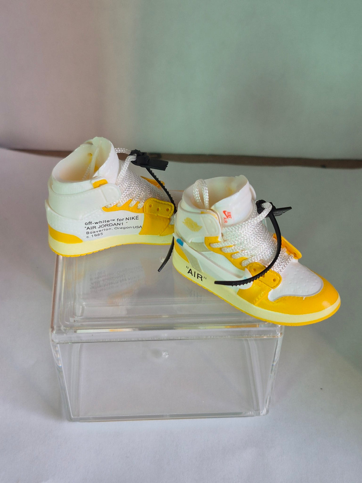Yellow Designer-Style High-Top Mini Sneakers – Collectible Pair with Display Case