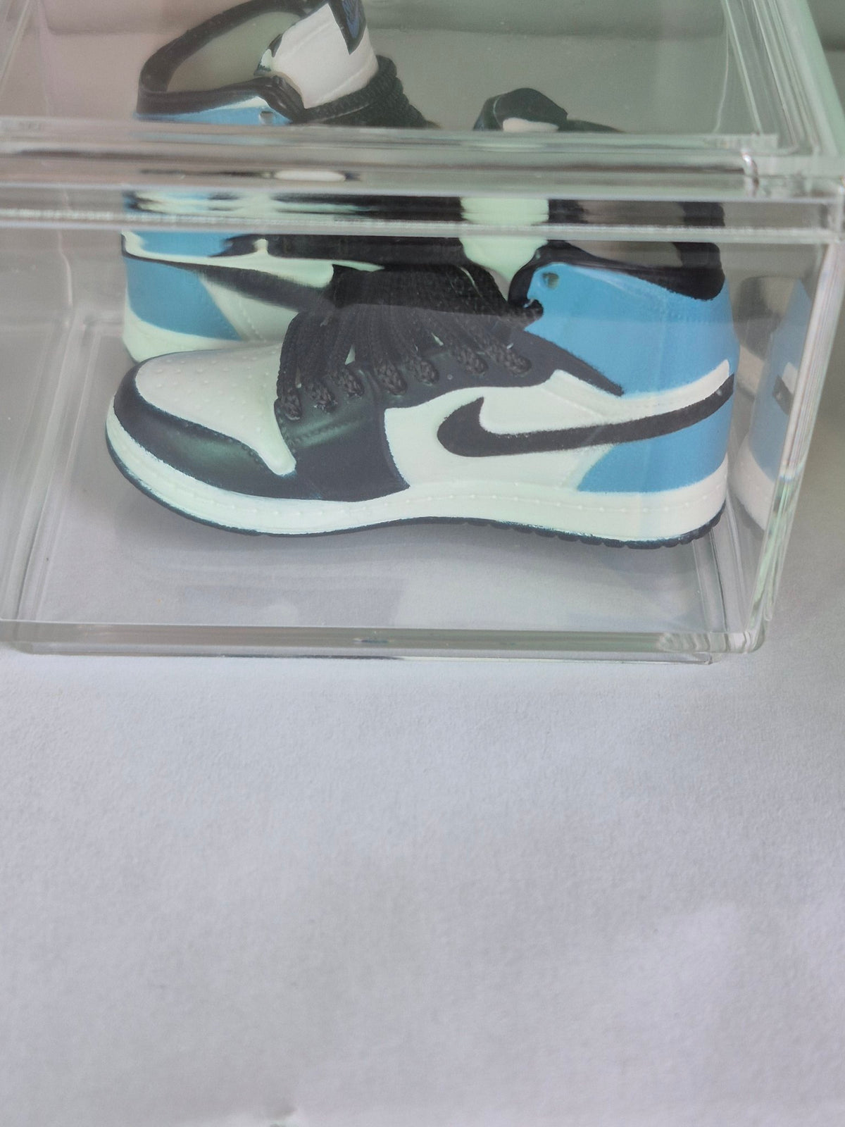 Light Blue White and Black High-Top Mini Sneakers – Collectible Pair with Display Case