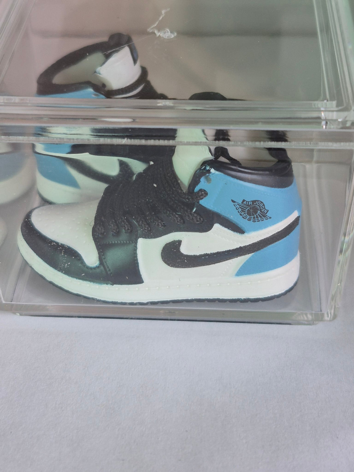 Light Blue White and Black High-Top Mini Sneakers – Collectible Pair with Display Case