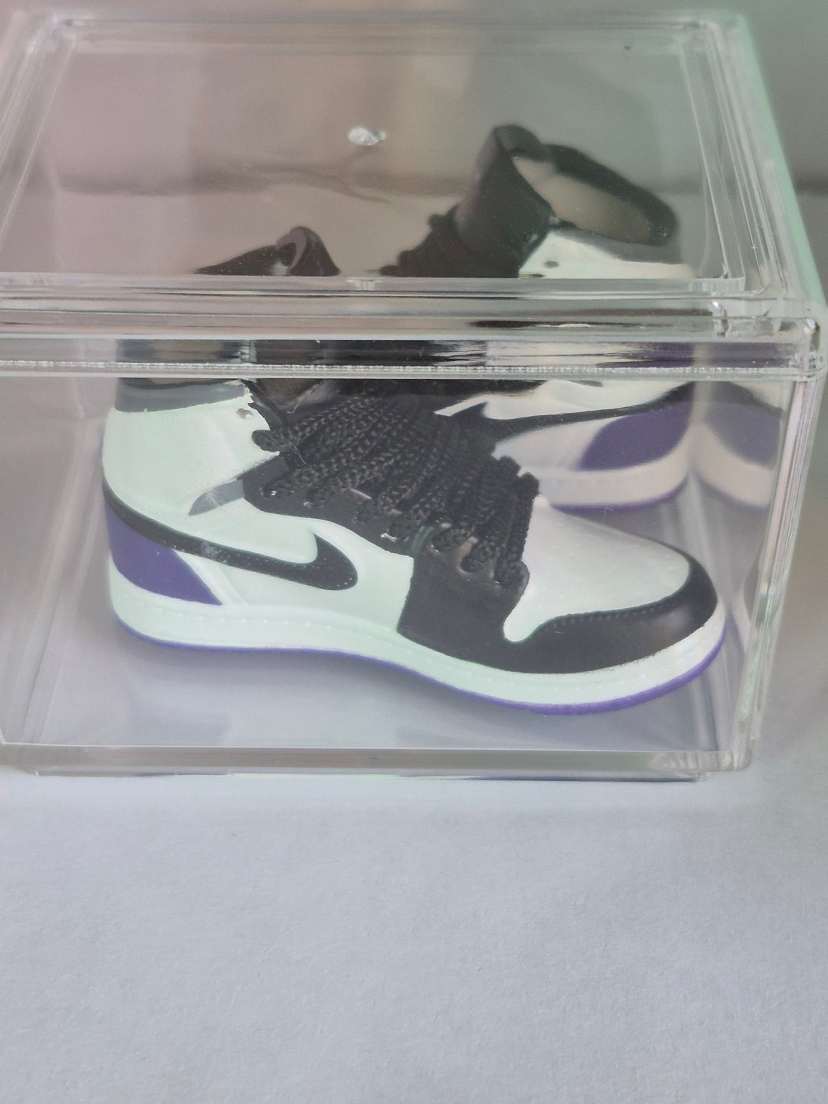 White Black and Purple High-Top Mini Sneakers – Collectible Pair with Display Case