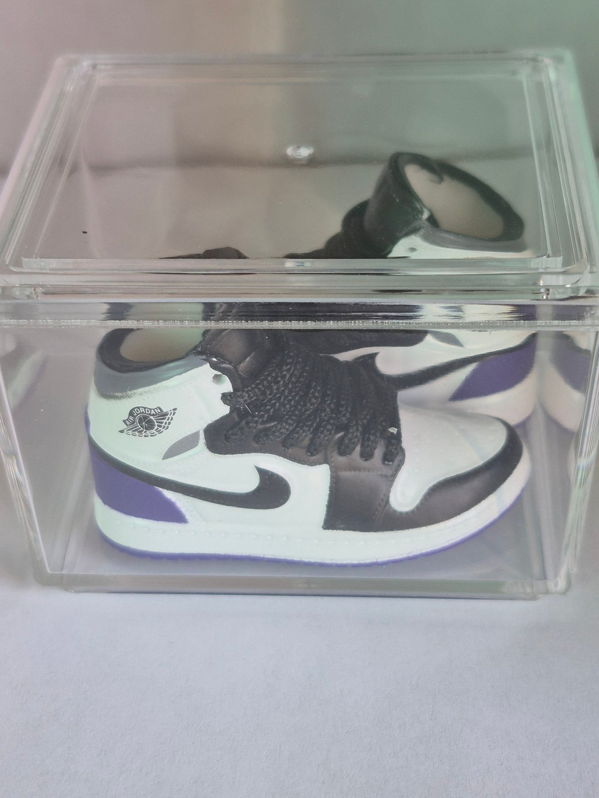 White Black and Purple High-Top Mini Sneakers – Collectible Pair with Display Case