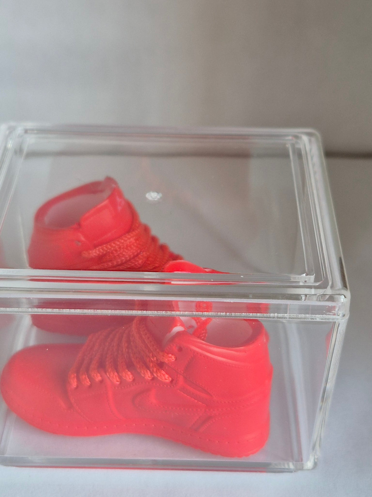 All Red High-Top Mini Sneakers – Collectible Pair with Display Case