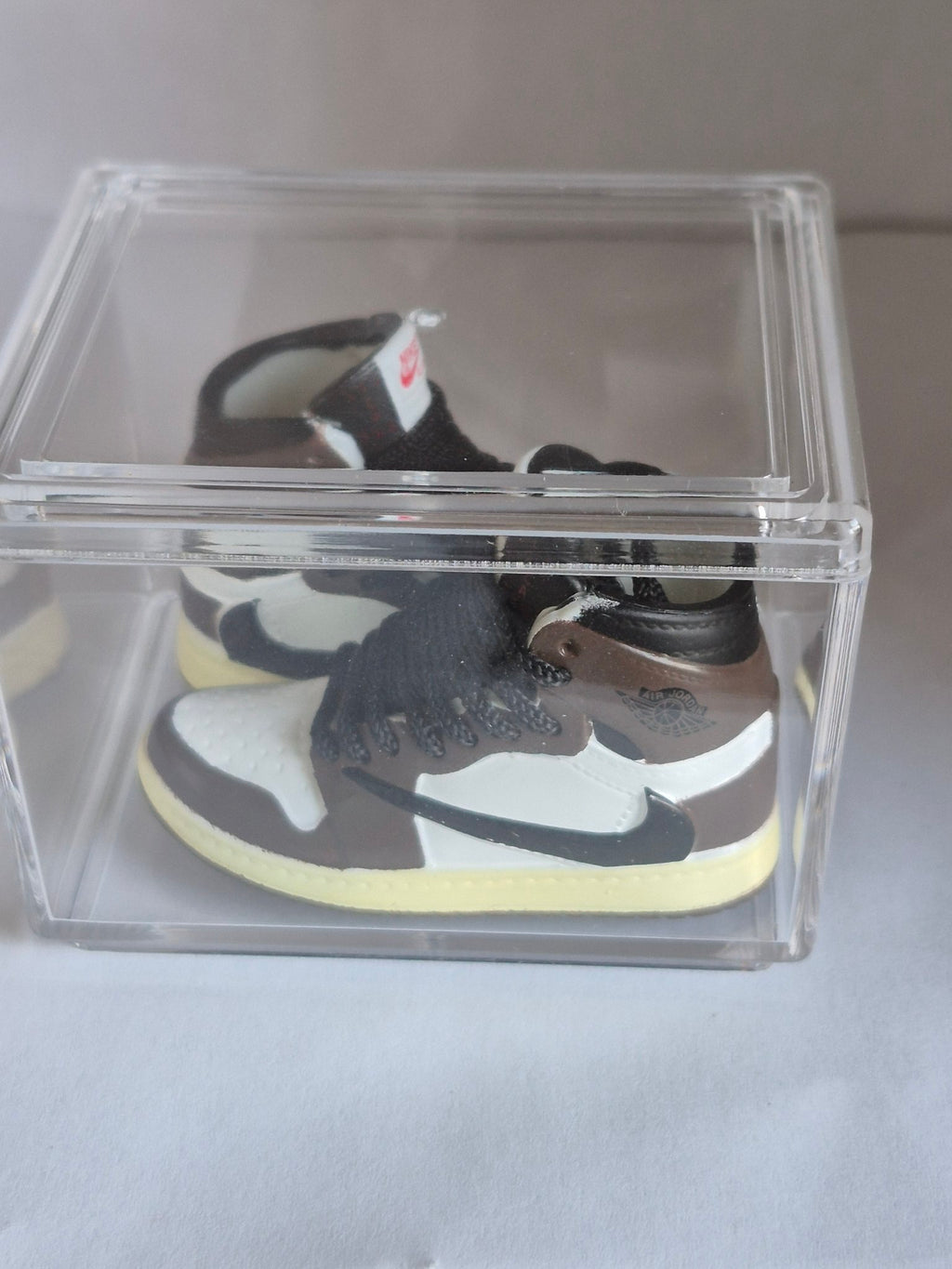 Brown and White High-Top Mini Sneakers – Collectible Pair with Display Case
