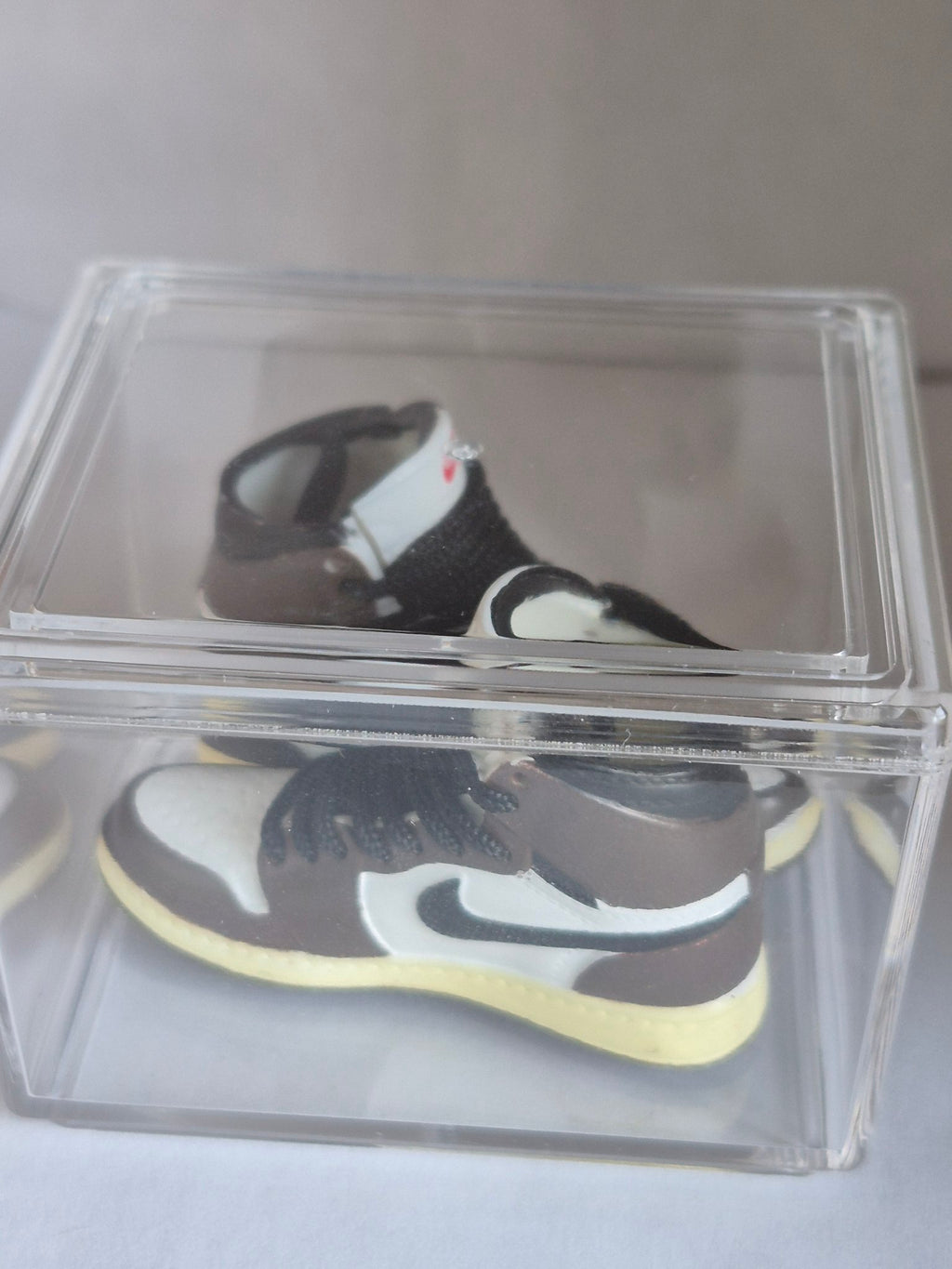 Brown and White High-Top Mini Sneakers – Collectible Pair with Display Case