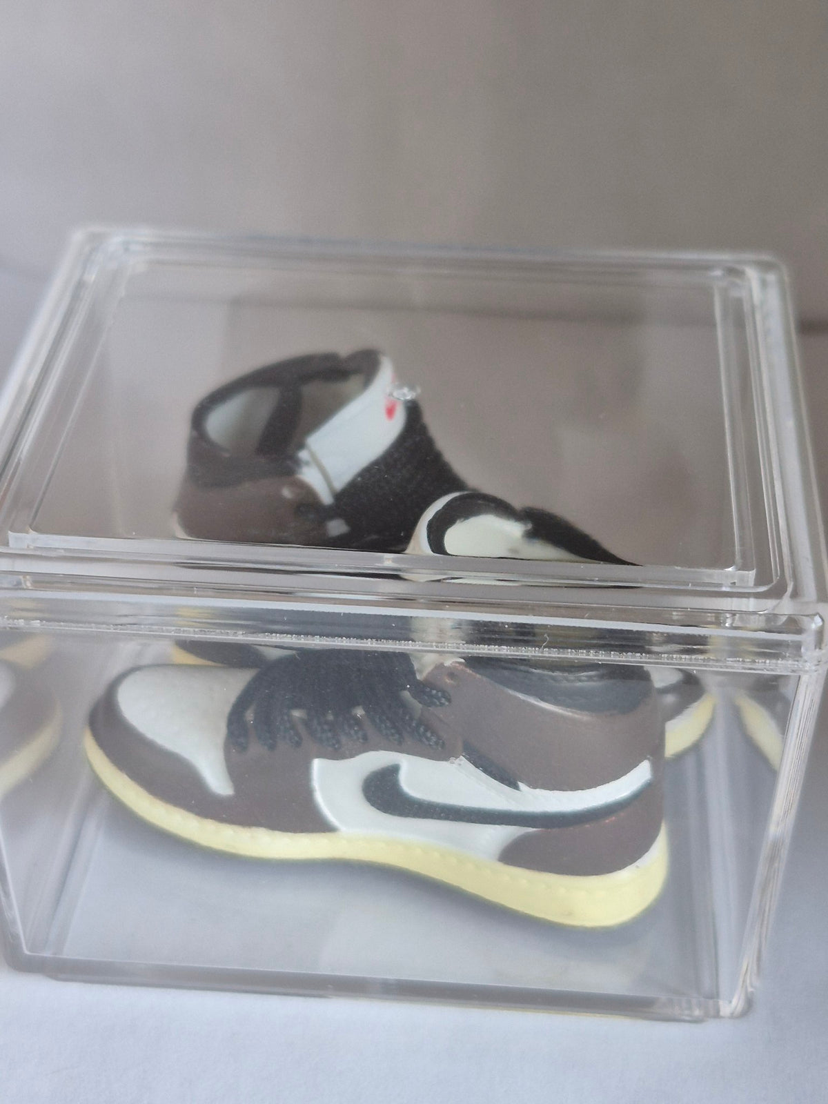 Brown and White High-Top Mini Sneakers – Collectible Pair with Display Case