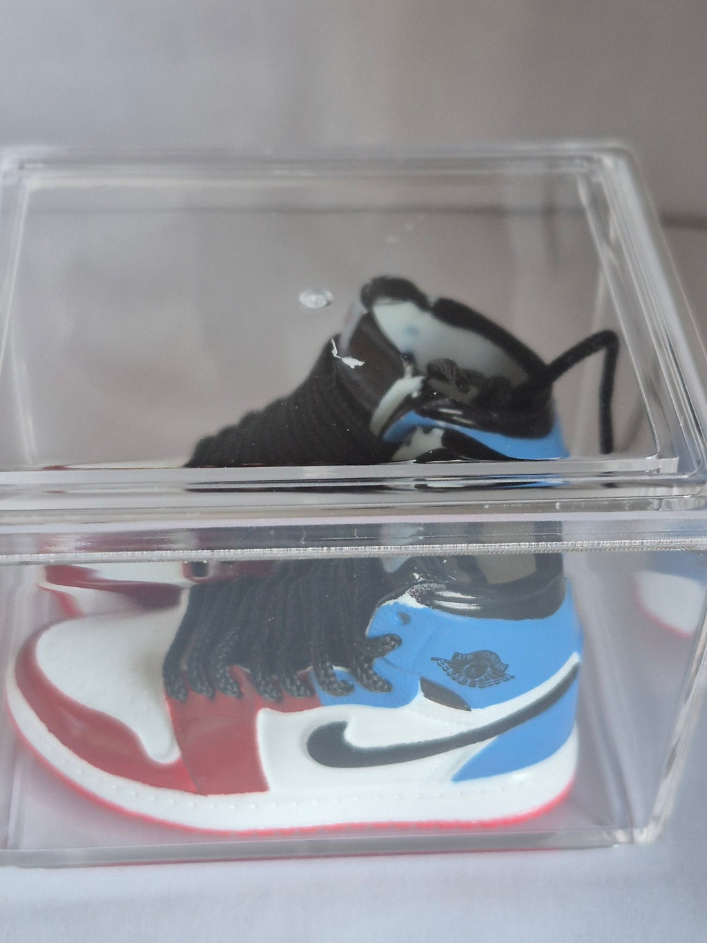 Red White and Light Blue High-Top Mini Sneakers – Collectible Pair with Display Case