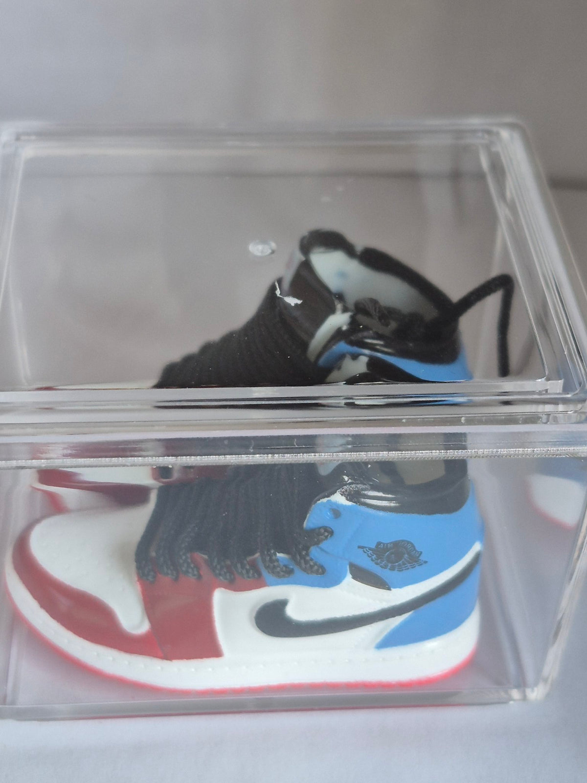 Red White and Light Blue High-Top Mini Sneakers – Collectible Pair with Display Case