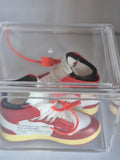 Red and White Designer-Style High-Top Mini Sneakers with White Laces – Collectible Pair with Display Case