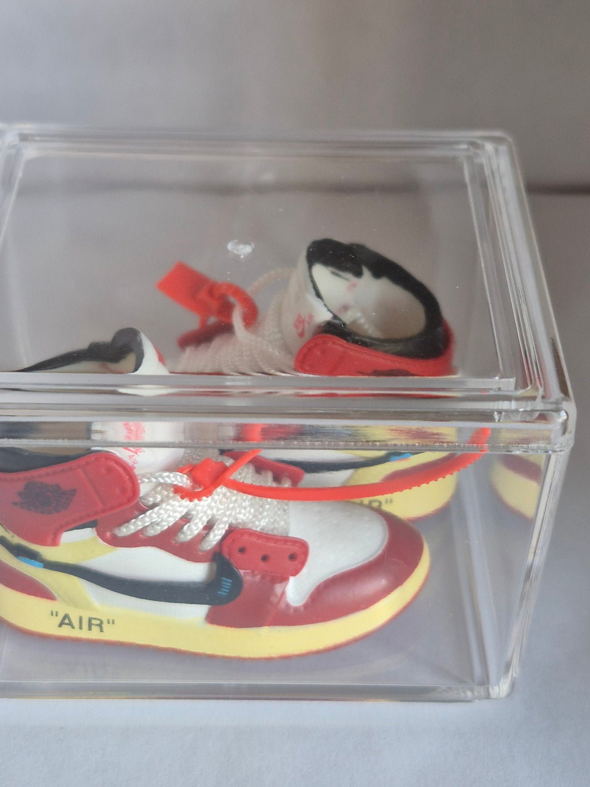 Red and White Designer-Style High-Top Mini Sneakers with White Laces – Collectible Pair with Display Case