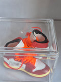 Red and White Designer-Style High-Top Mini Sneakers with Orange Laces – Collectible Pair with Display Case