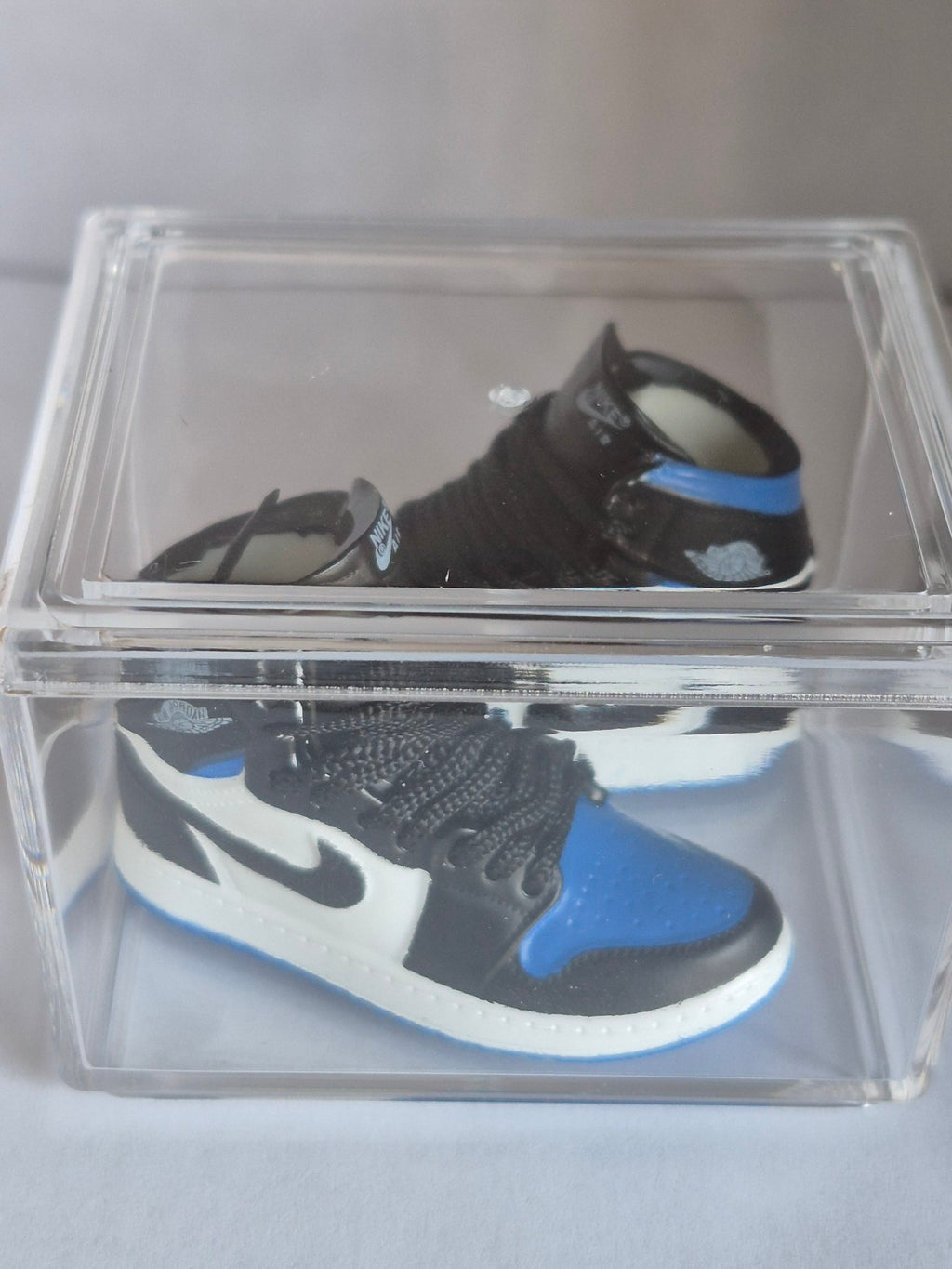 Blue Black and White High-Top Mini Sneakers – Collectible Pair with Display Case