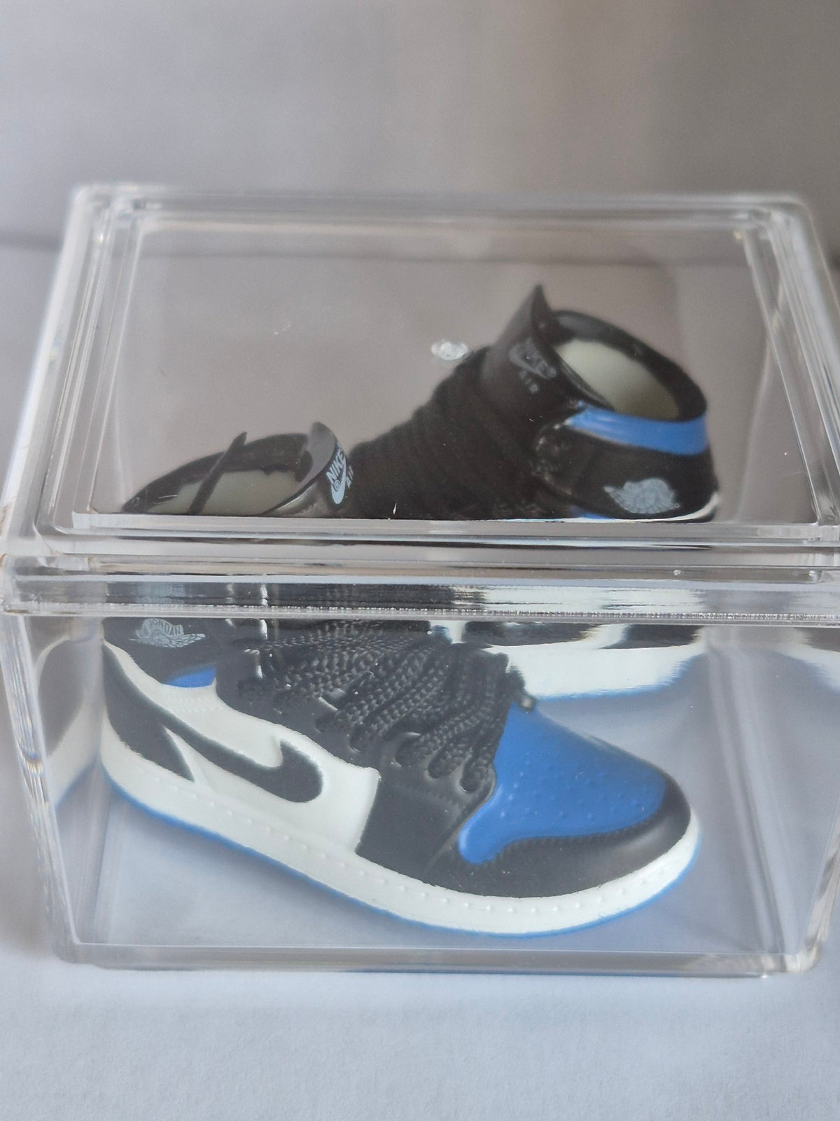 Blue Black and White High-Top Mini Sneakers – Collectible Pair with Display Case