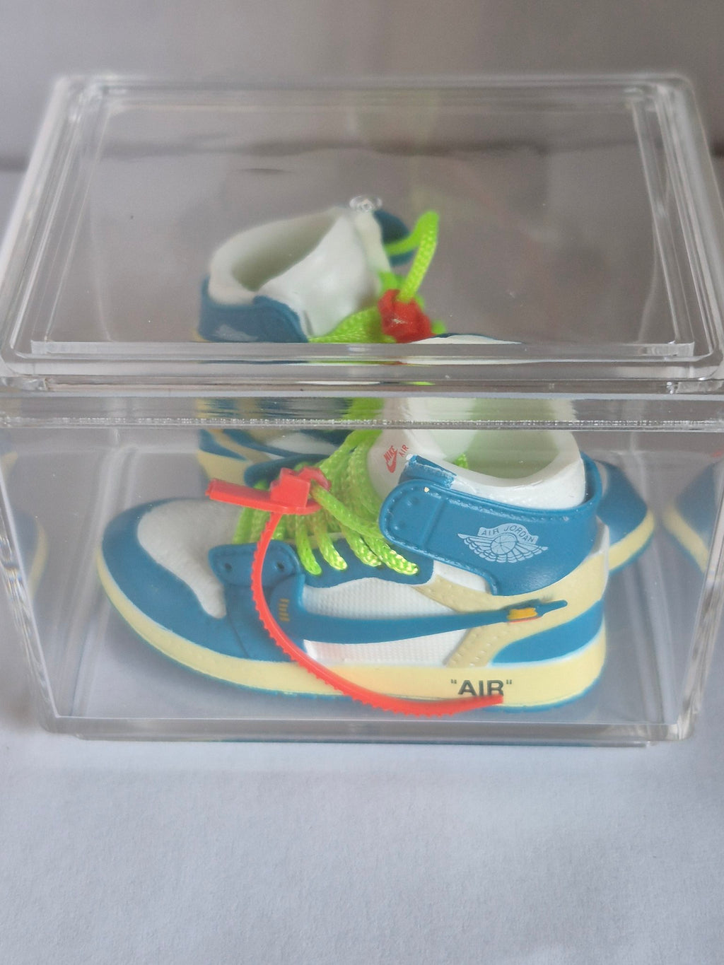 Teal and White Designer-Style High-Top Mini Sneakers with Neon Laces – Collectible Pair with Display Case