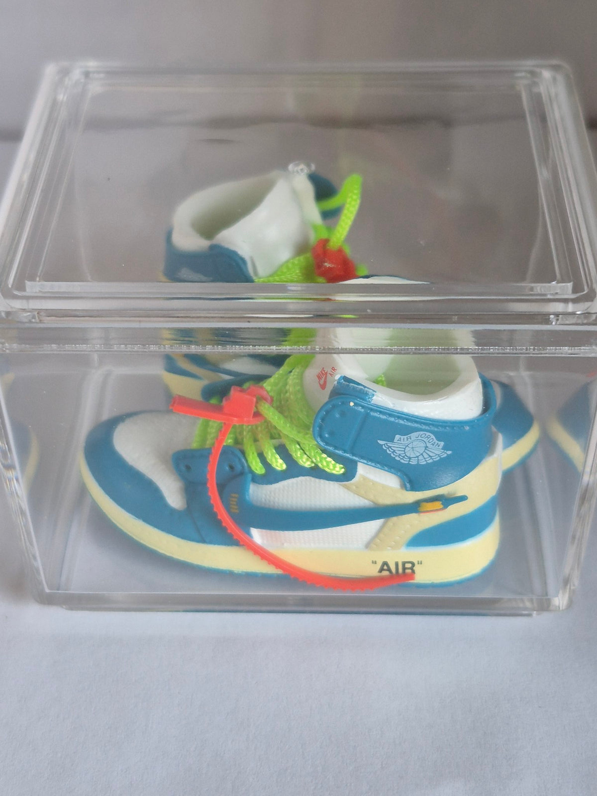 Teal and White Designer-Style High-Top Mini Sneakers with Neon Laces – Collectible Pair with Display Case