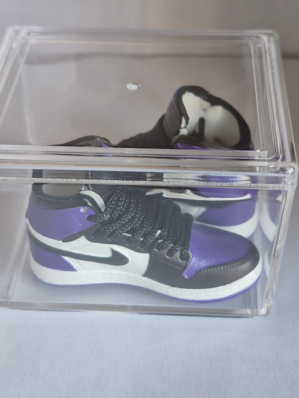 Purple Black and White High-Top Mini Sneakers – Collectible Pair with Display Case