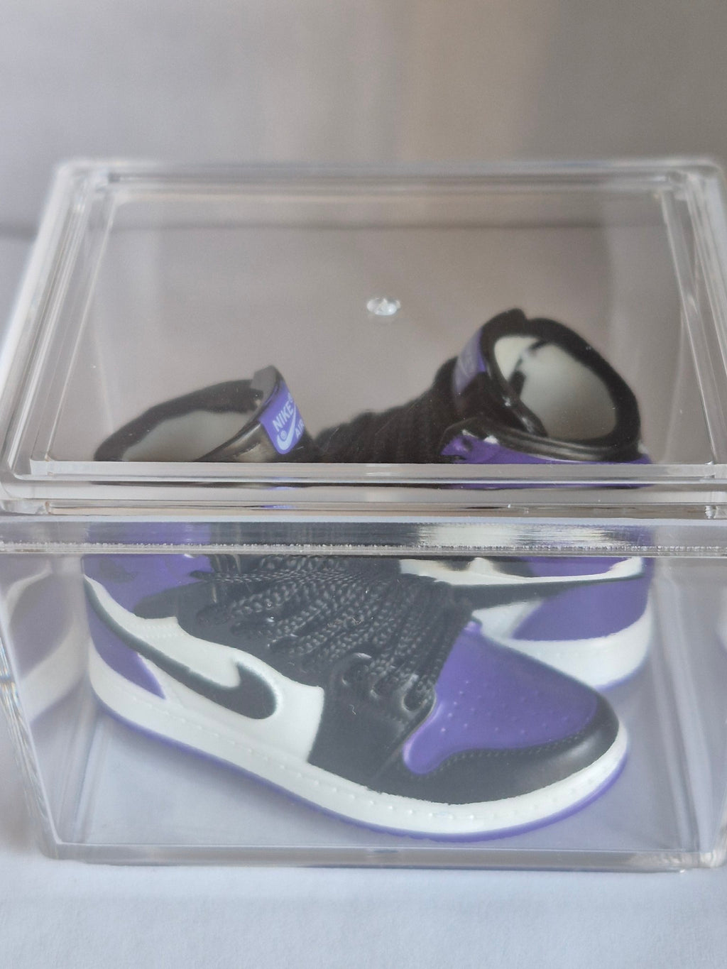 Purple Black and White High-Top Mini Sneakers – Collectible Pair with Display Case