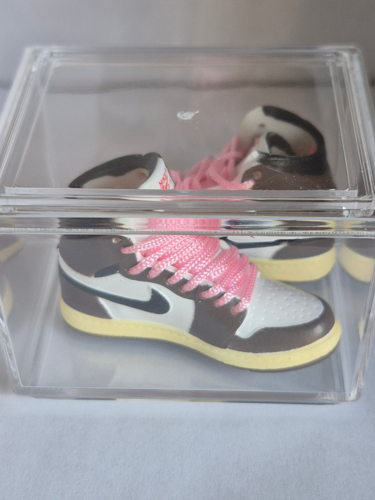 Brown and White High-Top Mini Sneakers with Pink Laces – Collectible Pair with Display Case