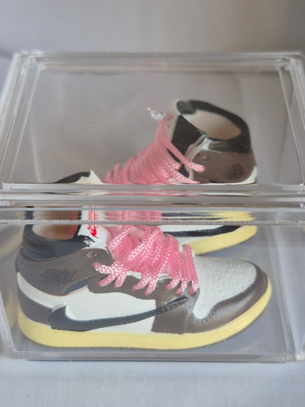 Brown and White High-Top Mini Sneakers with Pink Laces – Collectible Pair with Display Case